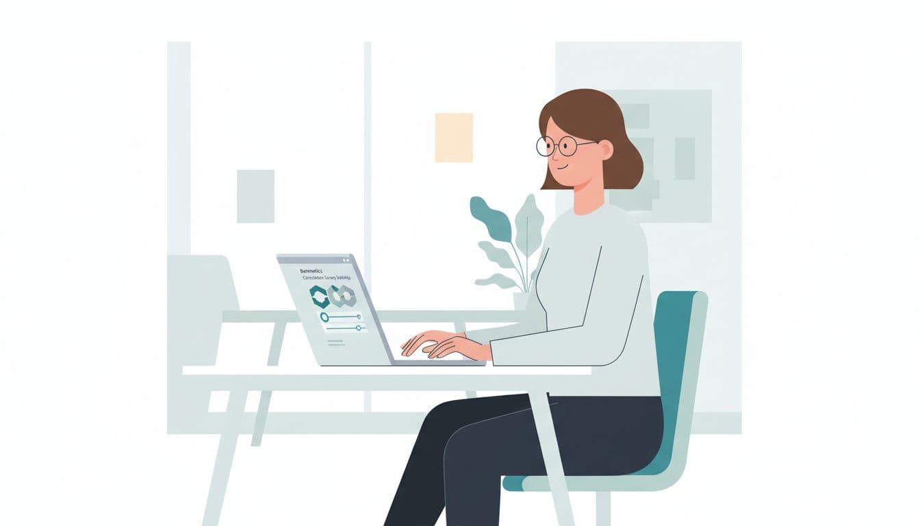 SaaS analyst at clean desk configures Baremetrics cancellation survey on angled laptop screen in modern office.