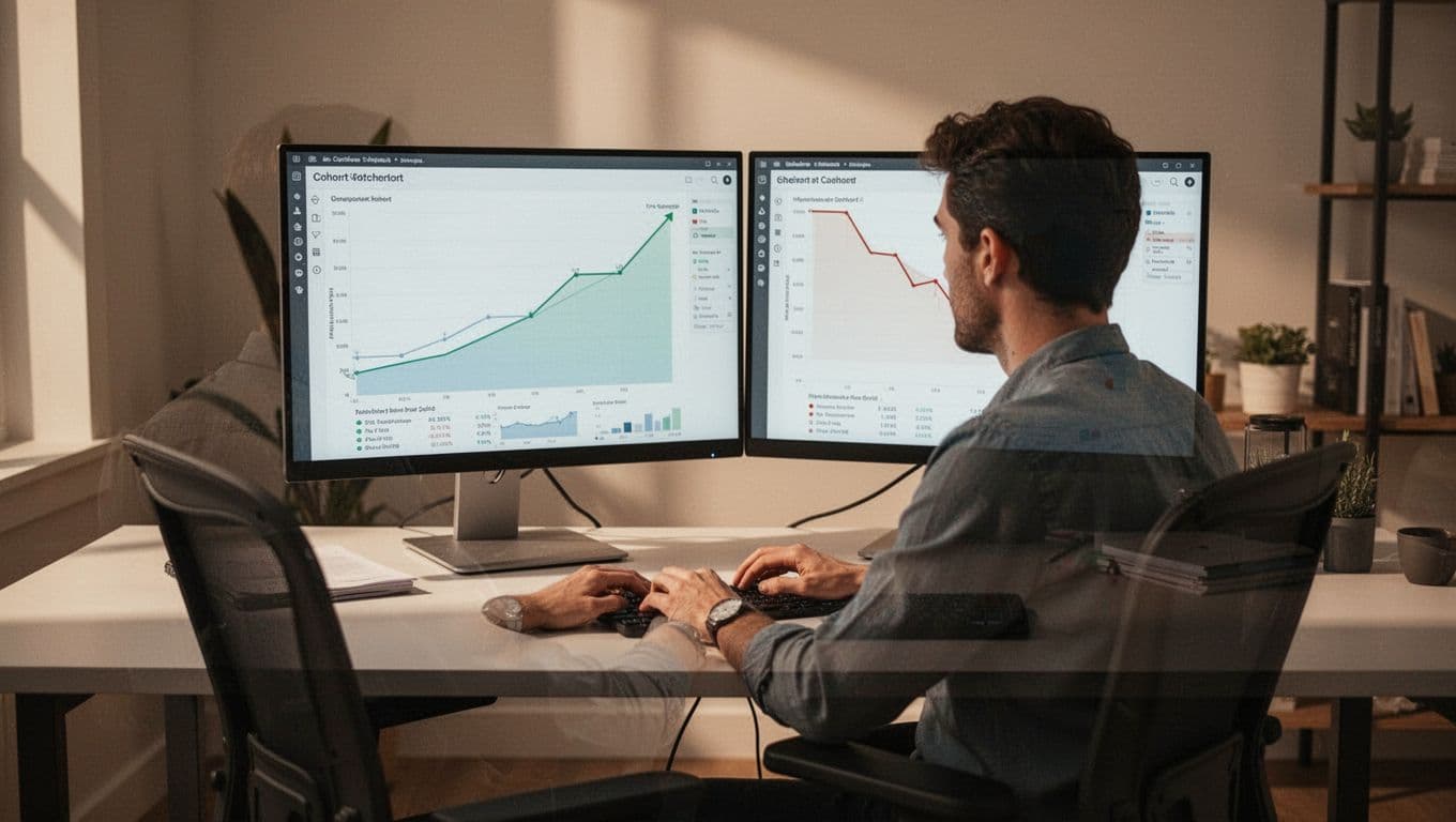 SaaS growth analyst at desk views Baremetrics cohort charts on dual monitors, one showing upward expansion revenue, the other contraction signals, in modern home office.