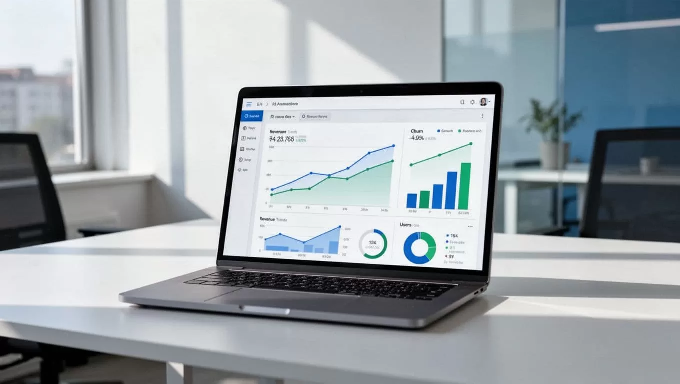 Laptop on minimalist desk in bright office displays SaaS analytics dashboard with revenue trends, churn bars, and user metrics.
