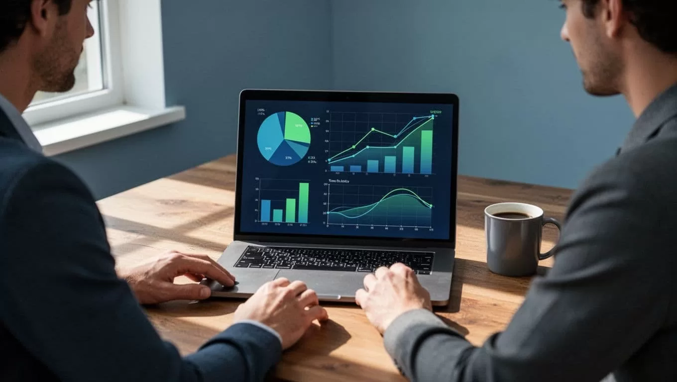 Laptop on wooden desk in office shows SaaS dashboard with revenue line, churn pie, LTV bar, and CAC timeline charts; analyst sits nearby with coffee mug.
