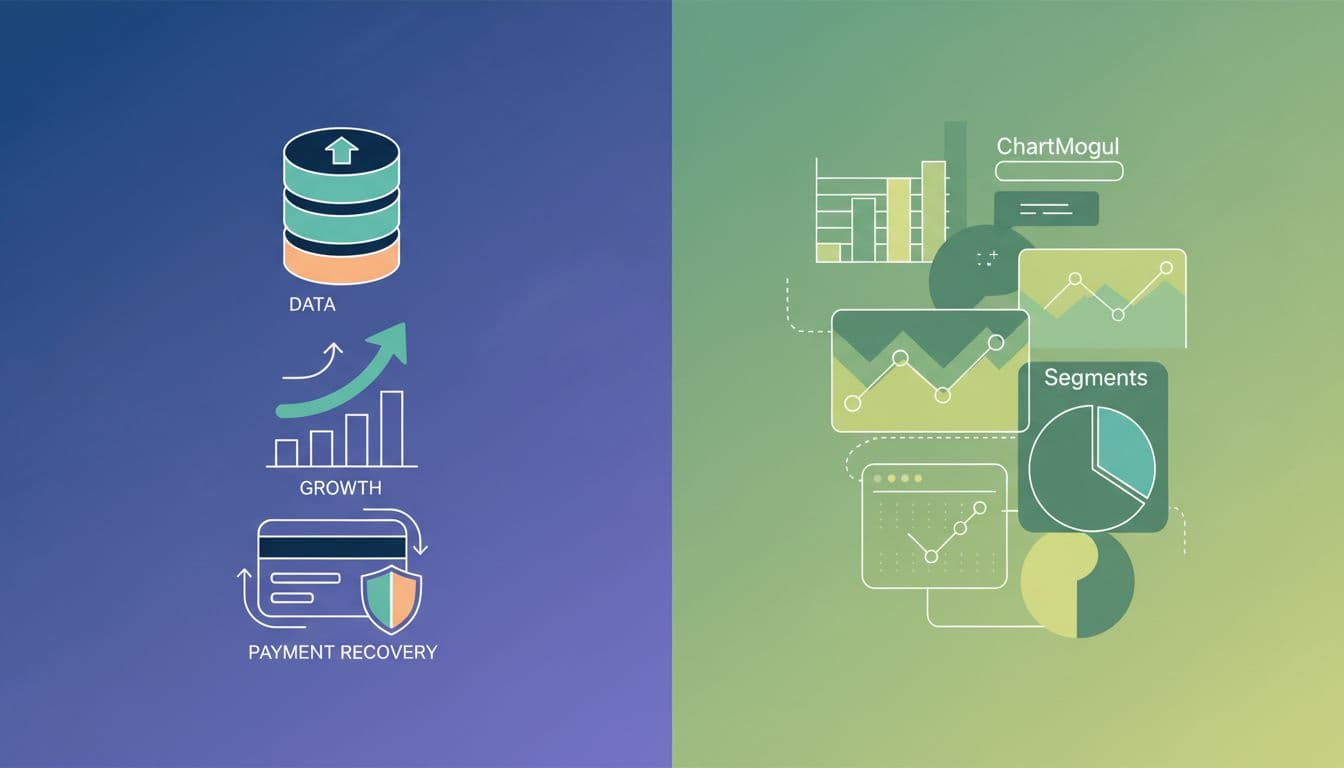 A split-screen illustration contrasting business growth icons with data visualization charts and reporting modules.