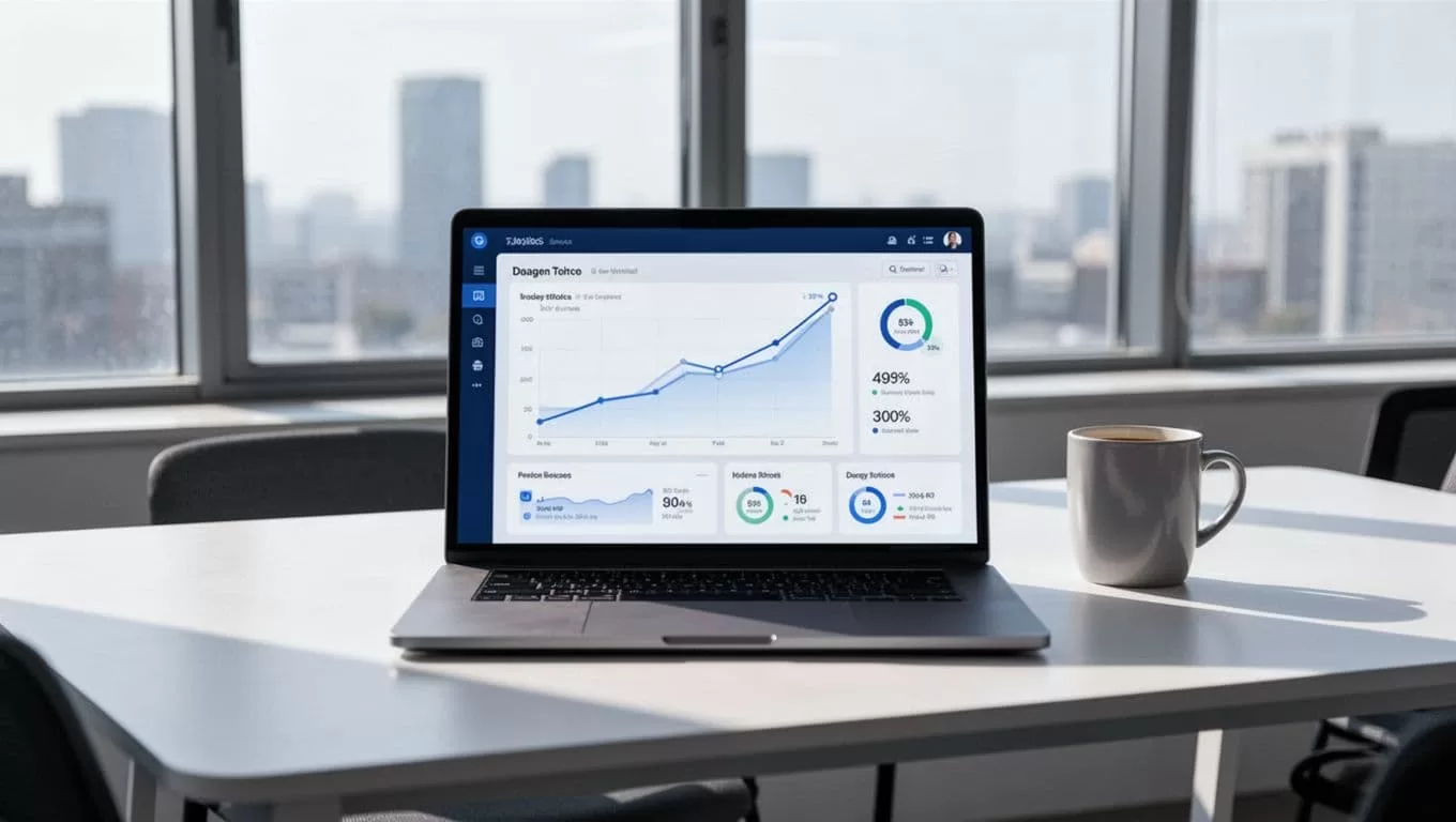 Laptop on modern office desk displays SaaS ARR trend chart and revenue metrics, coffee mug nearby.