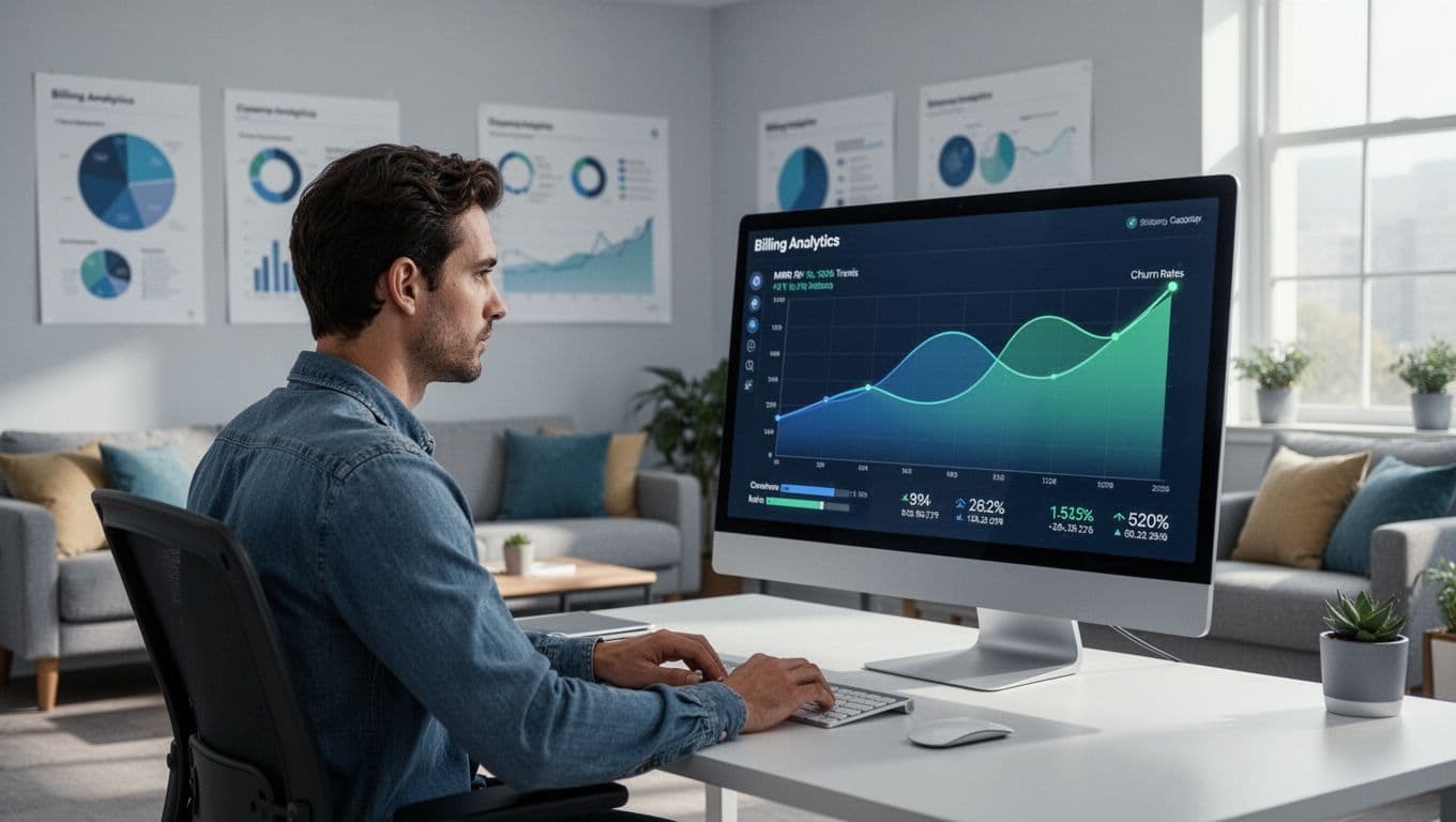 Large monitor displays SaaS billing dashboard with MRR trends, churn rates, and revenue graphs viewed by analyst in office.