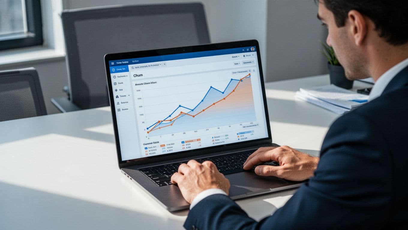 Analyst closely examines SaaS dashboard on laptop showing churn graphs with rising and falling lines on clean office desk.