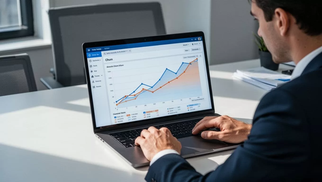Analyst closely examines SaaS dashboard on laptop showing churn graphs with rising and falling lines on clean office desk.