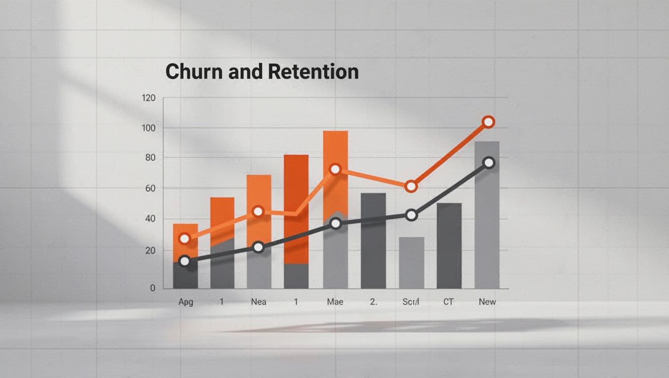 Bar chart and line graph compare churn and retention rates over time on subtle grid background.
