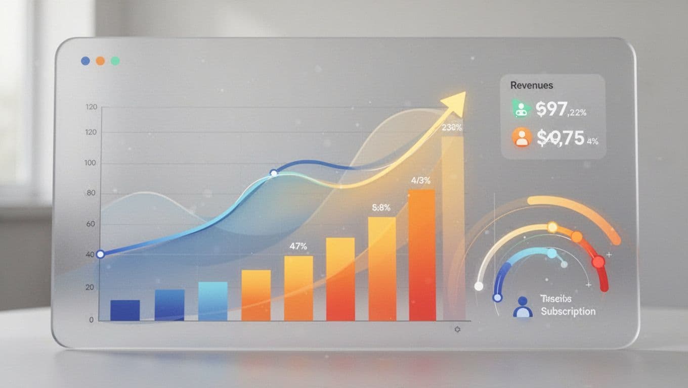 A minimalist data dashboard displays rising revenue charts and user growth trends on a neutral background.