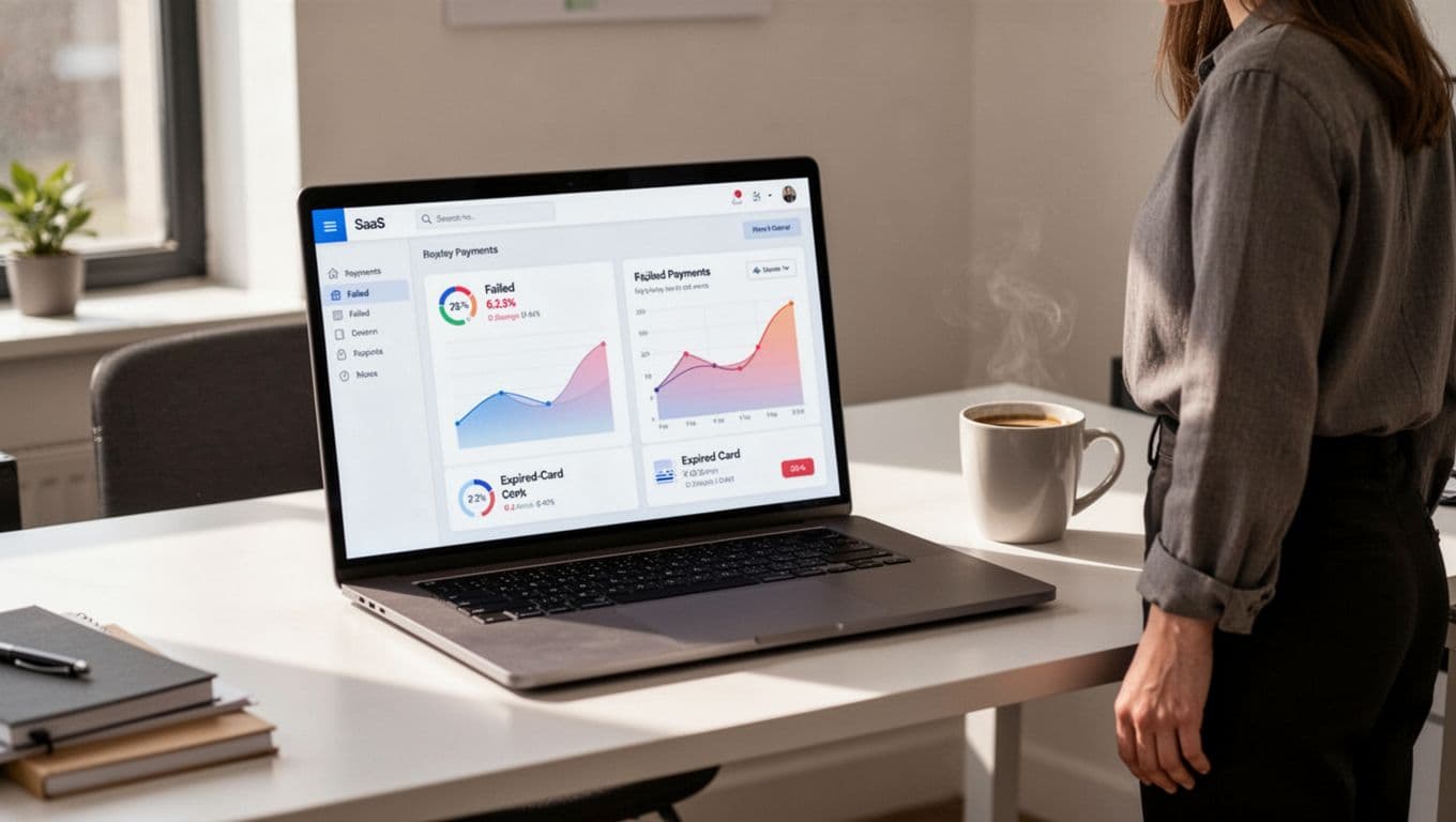 Laptop on office desk shows SaaS dashboard charts for failed payments and expired cards alerts, viewed from side by one person with coffee mug nearby.