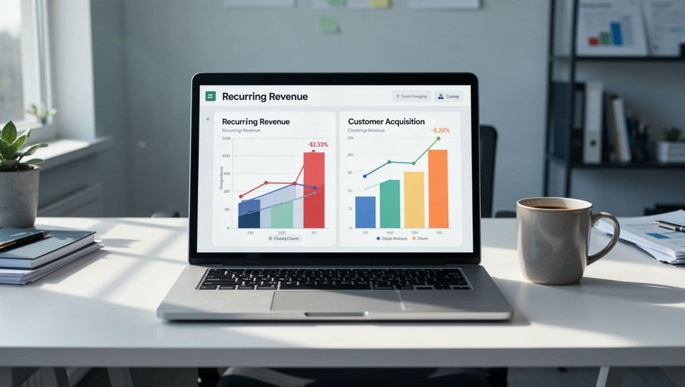 Laptop on clean desk displays SaaS dashboard with MRR, churn rate, and customer acquisition charts, coffee mug nearby.