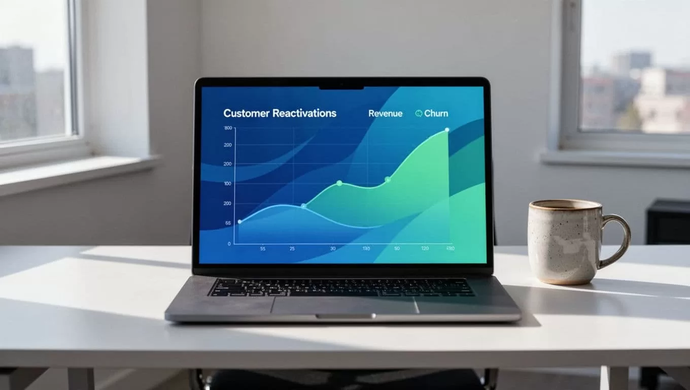 Laptop on clean desk shows SaaS dashboard charts for reactivated customers, MRR, and churn, with coffee mug nearby.