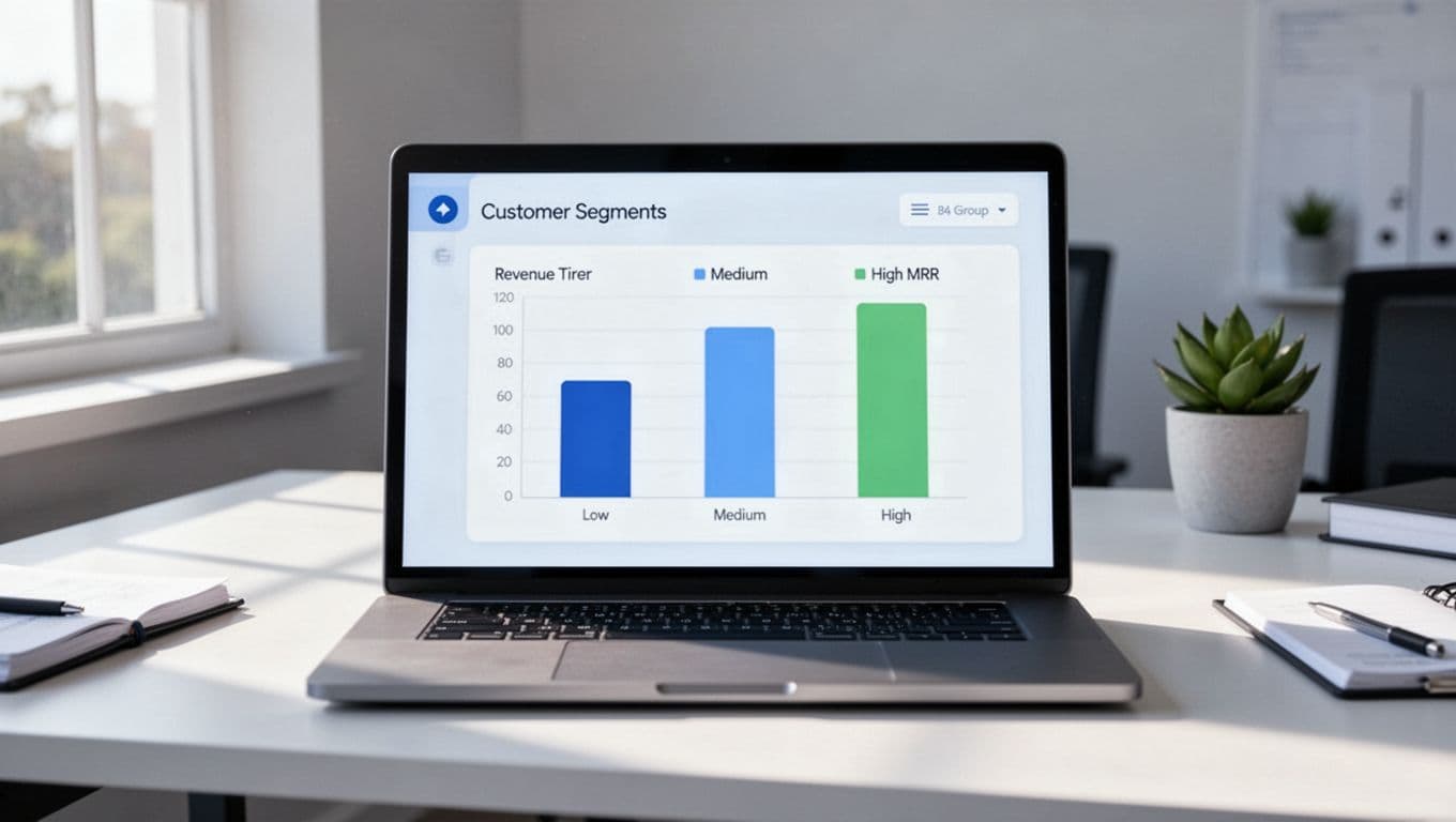 Laptop on office desk shows SaaS dashboard with bar charts for low, medium, high MRR customer segments in blue-green tones.