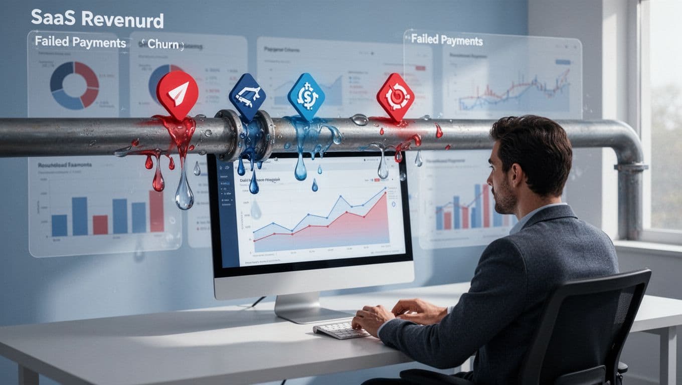 Analyst views dashboard with revenue leaks shown as money pouring from pipe via failed payment and churn icons, data charts in background.