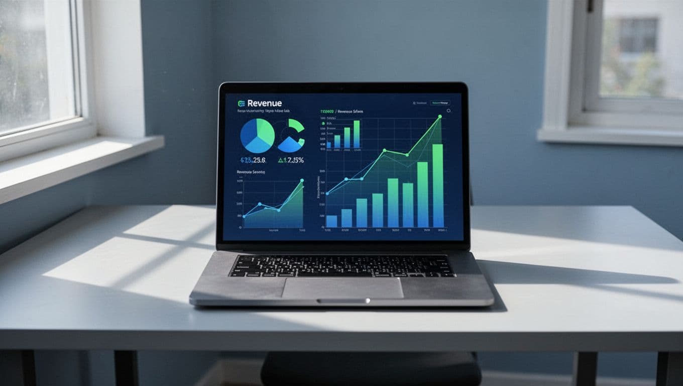 Laptop on clean desk shows SaaS dashboard with MRR and churn charts in blue-green tones.