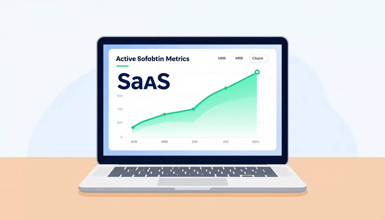 Laptop on desk shows dashboard charts for active subscriptions, MRR growth, and churn rate.