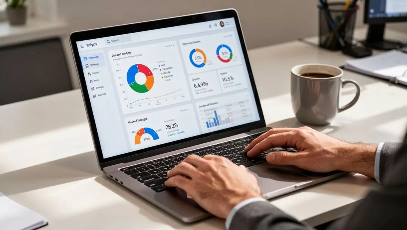 Laptop screen displays SaaS analytics dashboard with credit card decline rate charts and metrics, coffee mug on desk, hands resting on keyboard.