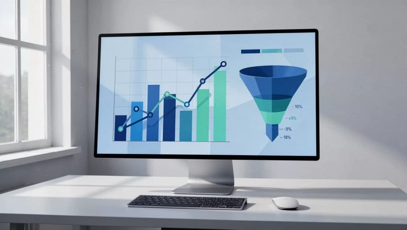 Computer screen shows SaaS dashboard with recovery rate bar chart, MRR line graph, and failed payments funnel on office desk with keyboard and mouse.