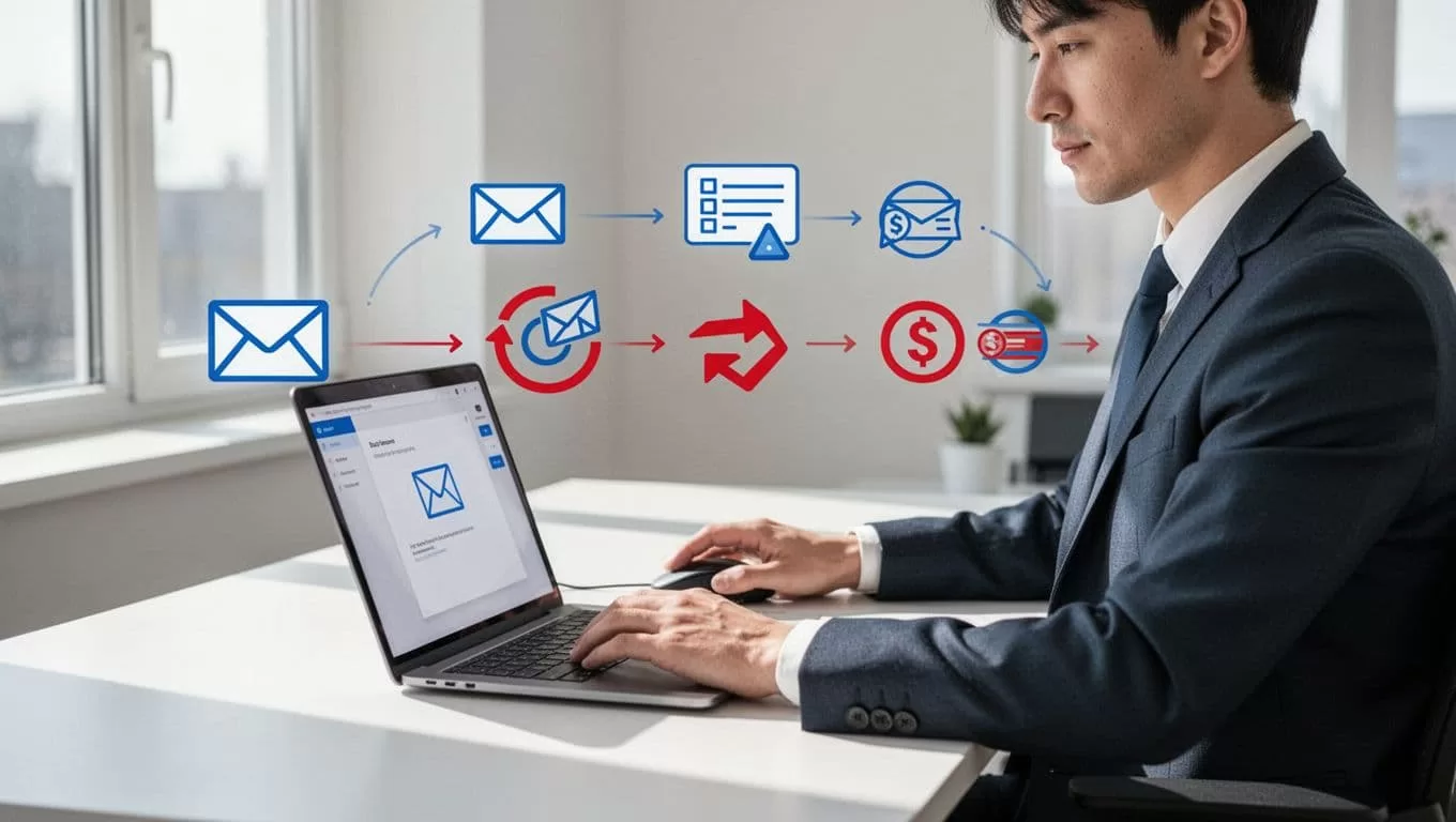 Flowchart shows steps for SaaS failed payment recovery with dunning email and retry icons, next to a person at desk with laptop and mouse.