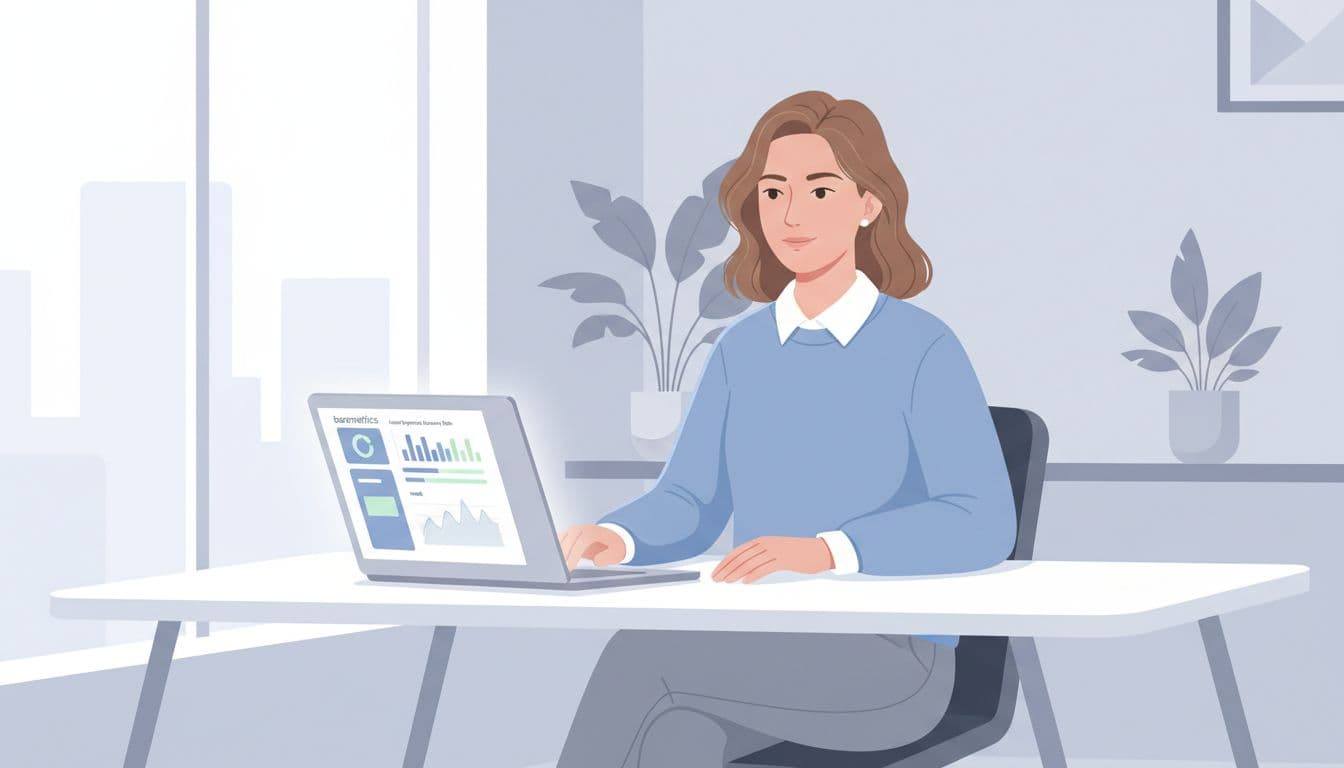 Finance professional at desk views Baremetrics Recover dashboard charts for failed payments and MRR on laptop.