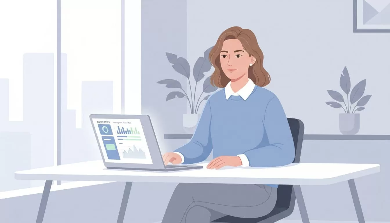 Finance professional at desk views Baremetrics Recover dashboard charts for failed payments and MRR on laptop.