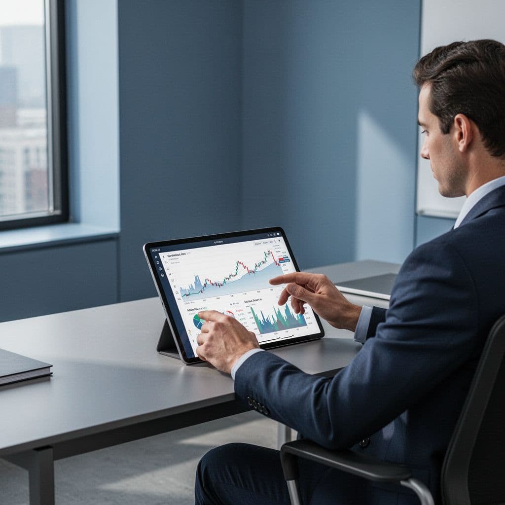 A person reviews digital financial charts and data trends on a tablet in a modern office.
