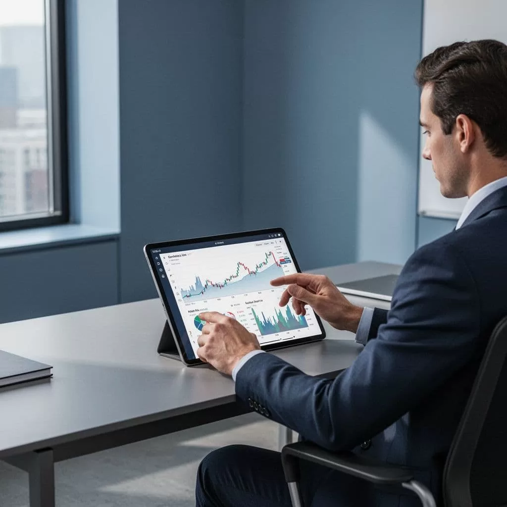 A person reviews digital financial charts and data trends on a tablet in a modern office.