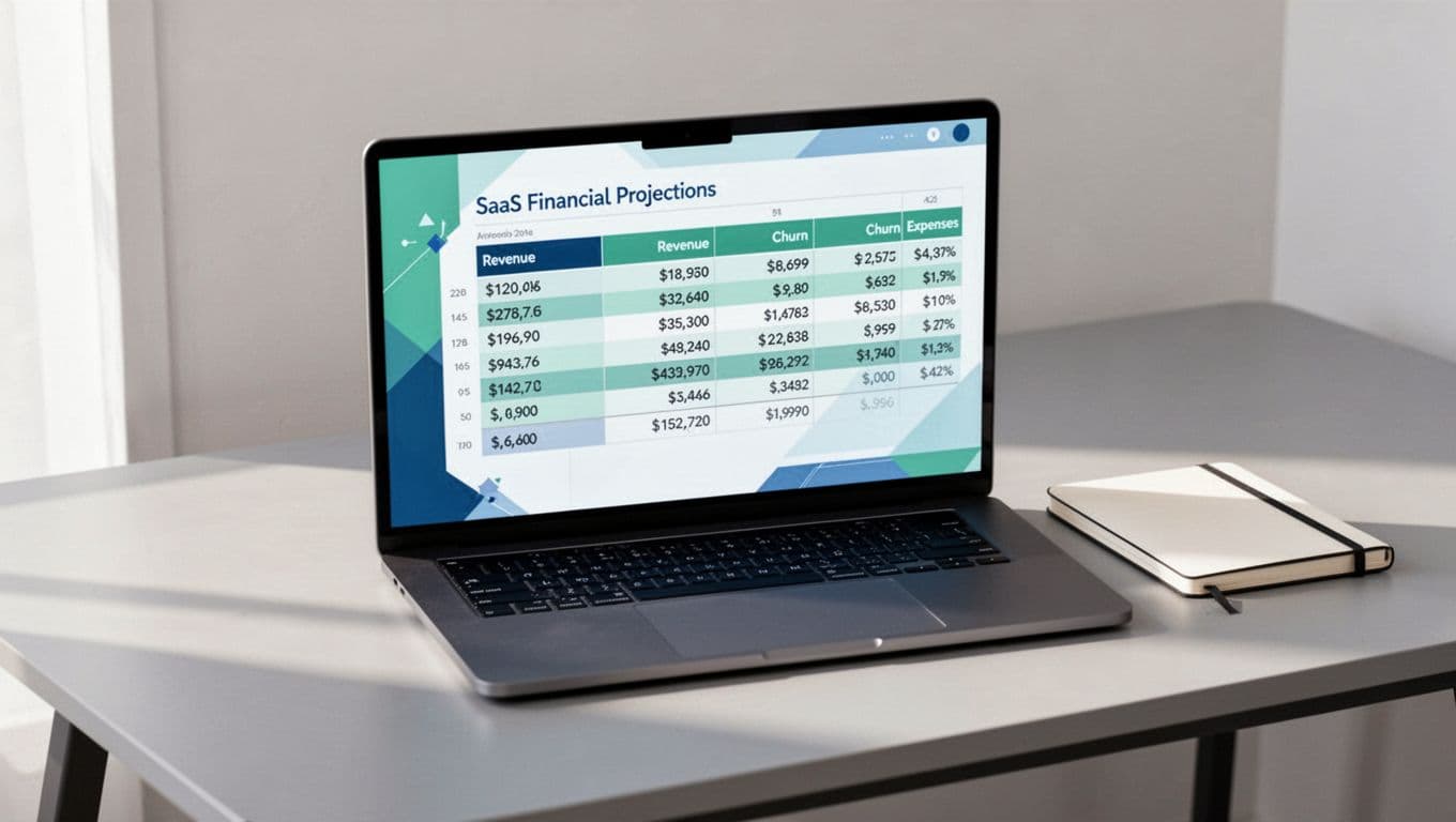 Laptop screen displays SaaS financial model rows for revenue forecast, churn, and expenses on modern desk with notebook.
