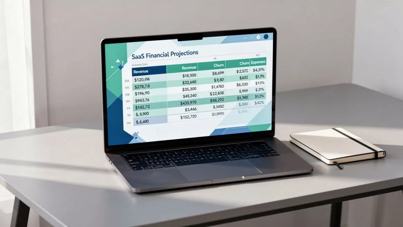 Laptop screen displays SaaS financial model rows for revenue forecast, churn, and expenses on modern desk with notebook.