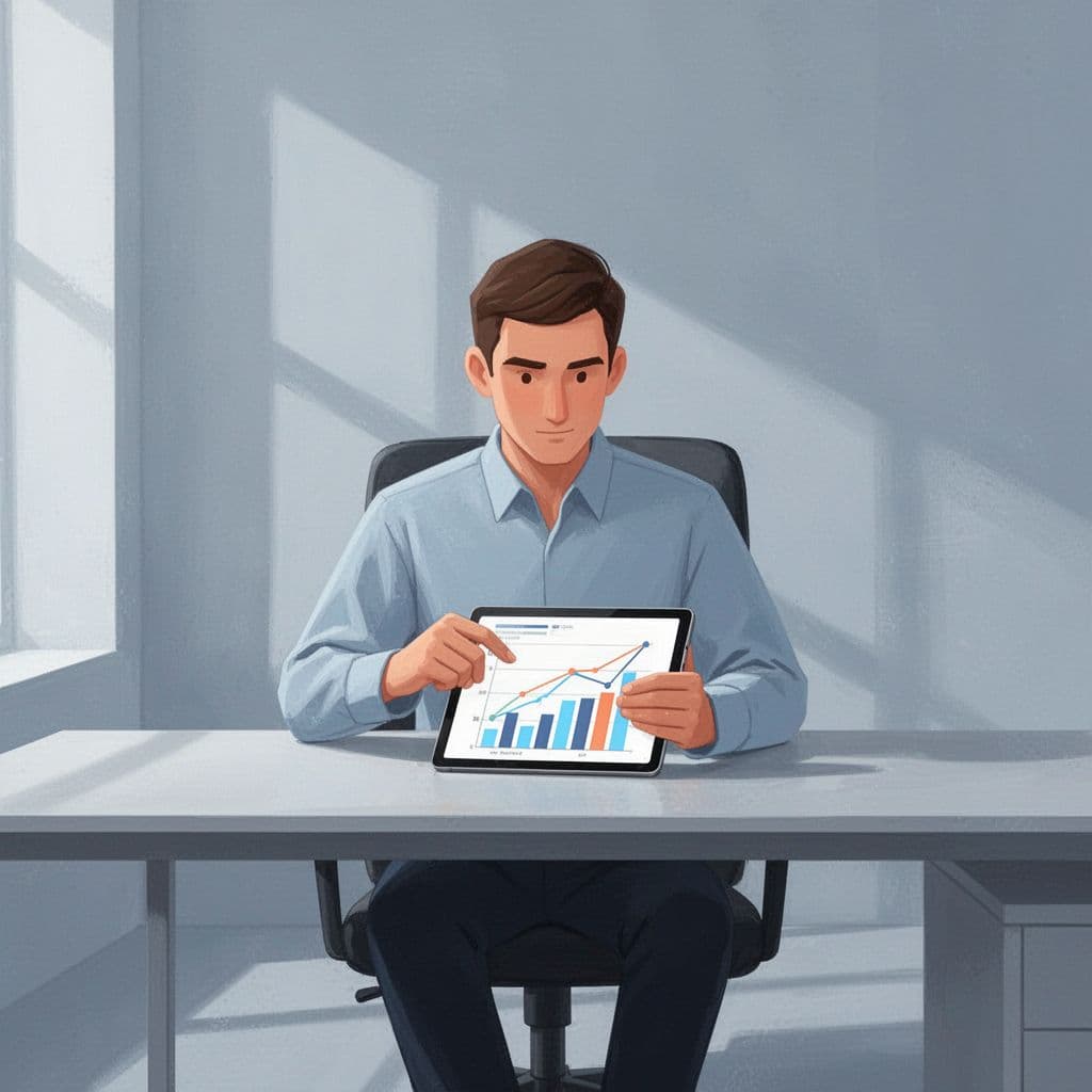 A founder sits at a clean desk viewing abstract data charts on a digital tablet.