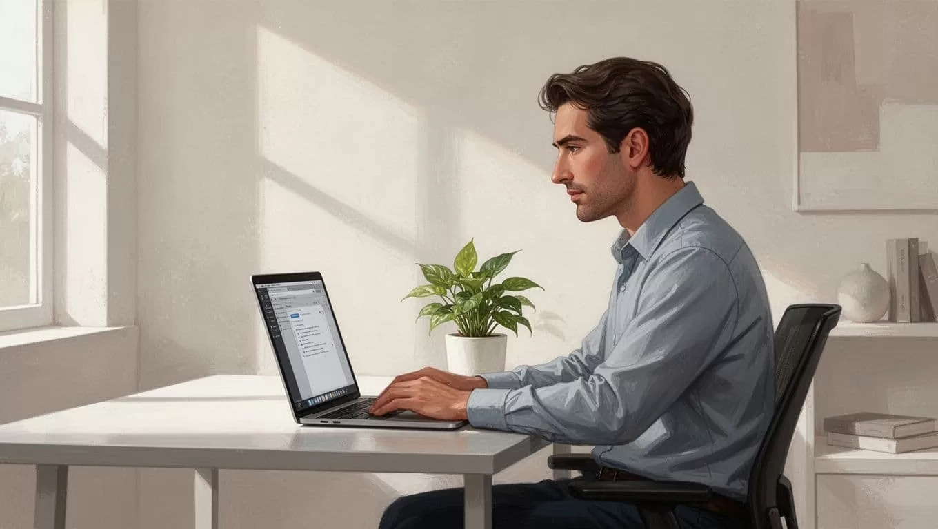 A focused professional analyzes business data on a laptop within a minimalist home office setting.