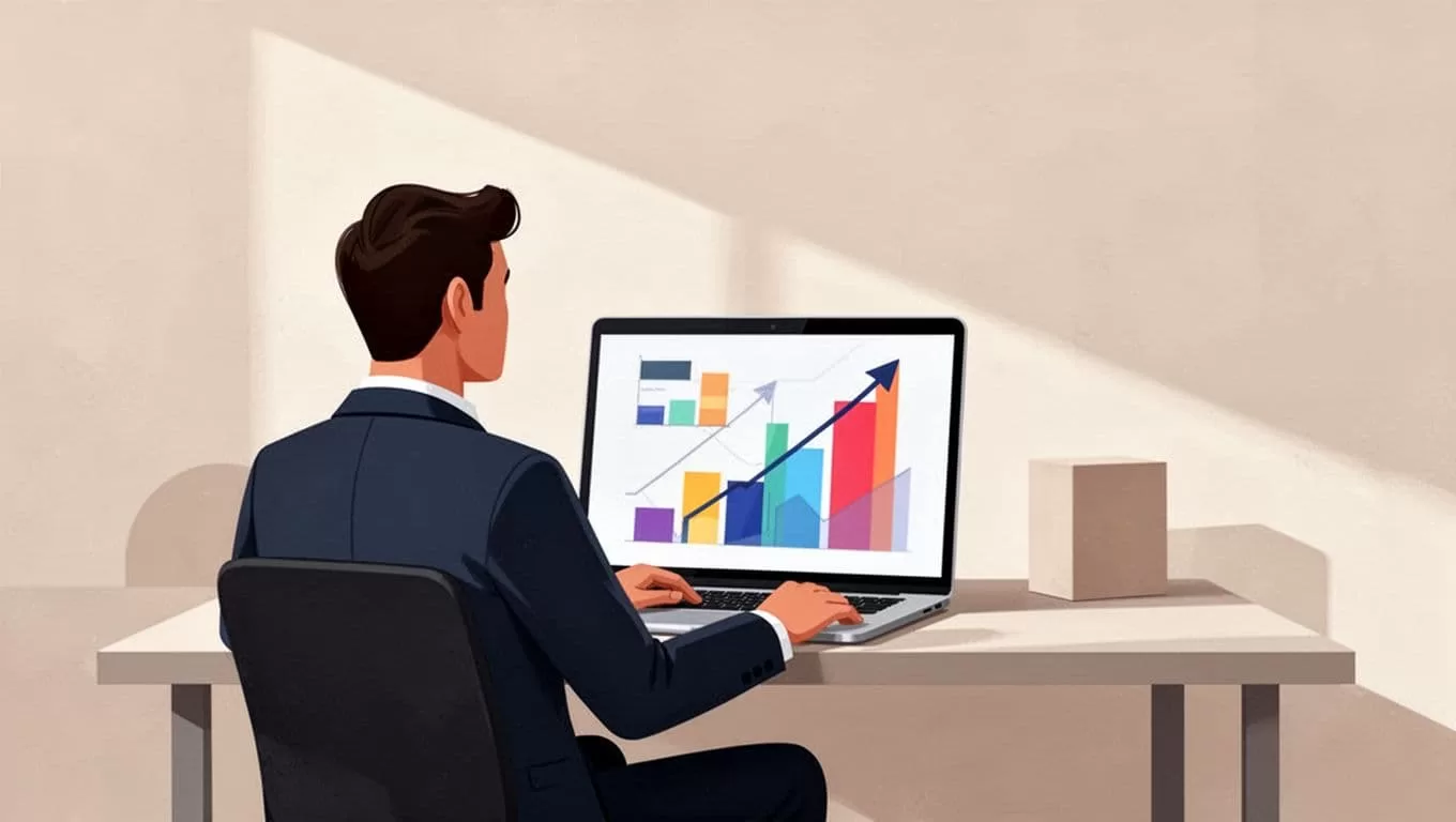 A professional person sits at a desk viewing colorful data charts on a laptop screen.