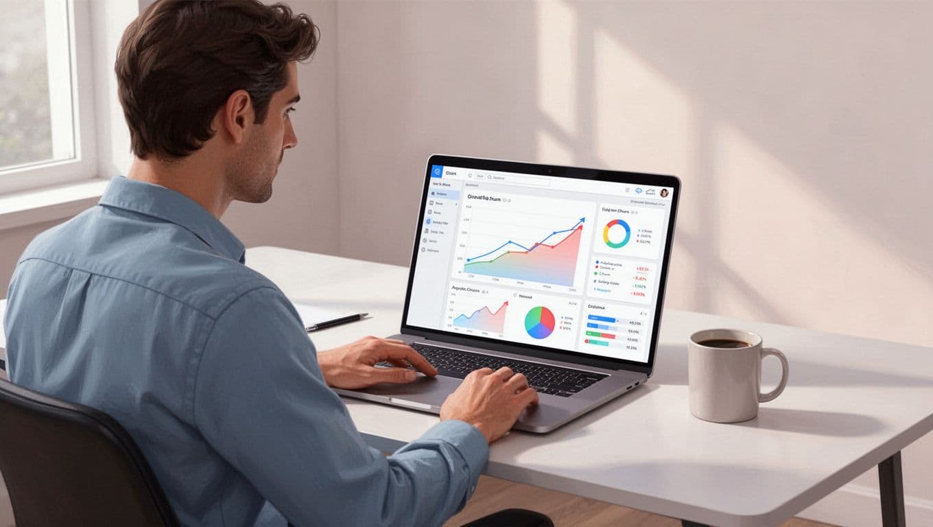 SaaS founder at desk reviews colorful laptop dashboard showing MRR growth and churn rates, coffee mug nearby.
