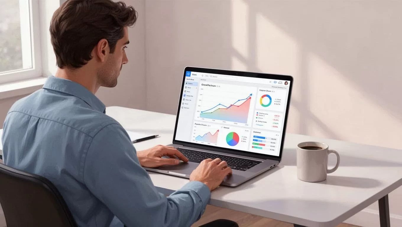 SaaS founder at desk reviews colorful laptop dashboard showing MRR growth and churn rates, coffee mug nearby.