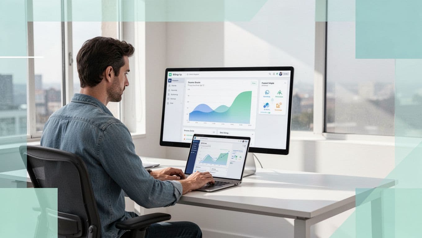 SaaS founder at desk focuses on laptop screen showing Stripe connection to Baremetrics dashboard in clean office.
