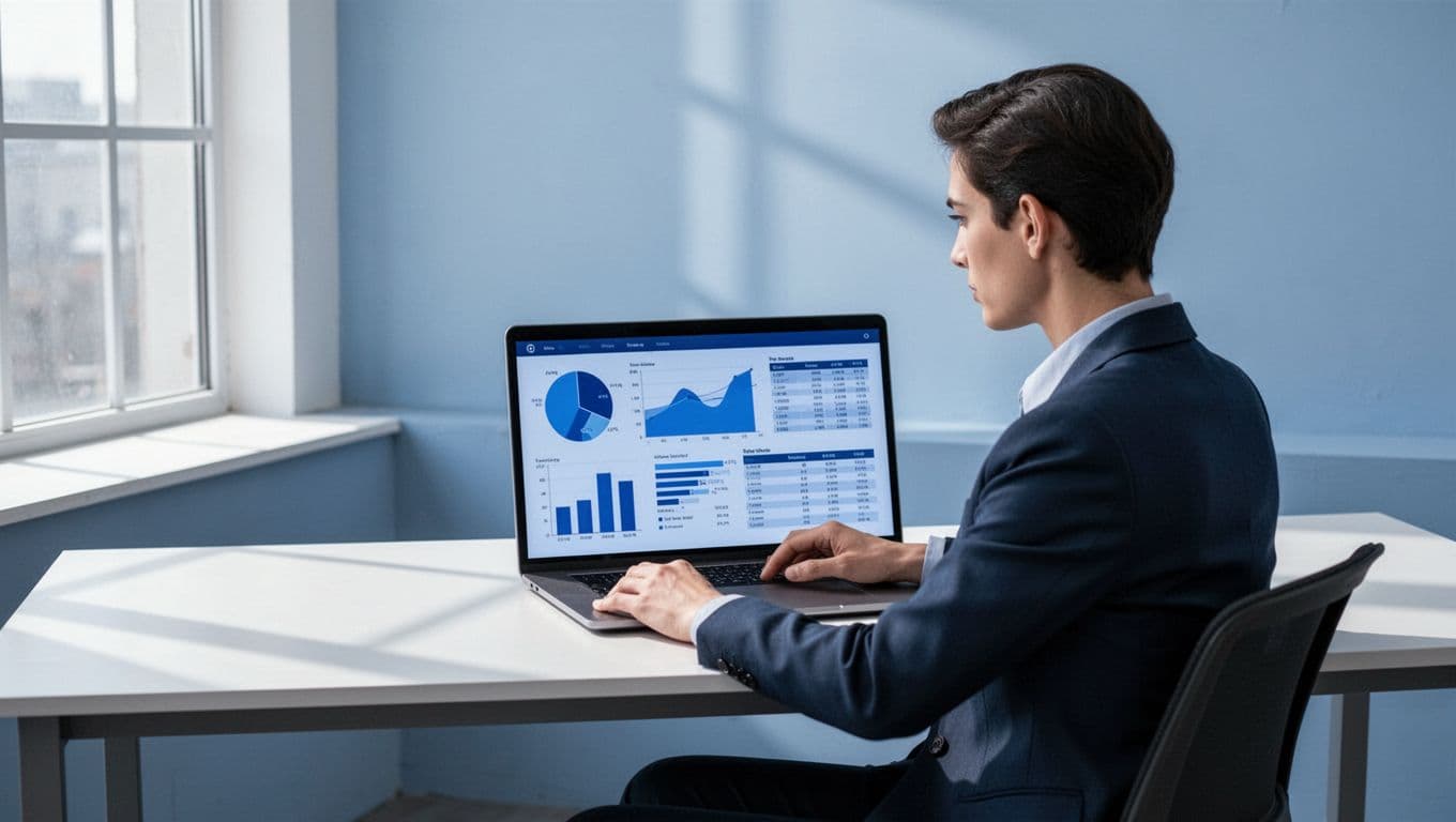 SaaS growth marketer seated at minimalist desk with laptop showing angled analytics dashboard of trial conversion charts and cohort tables.