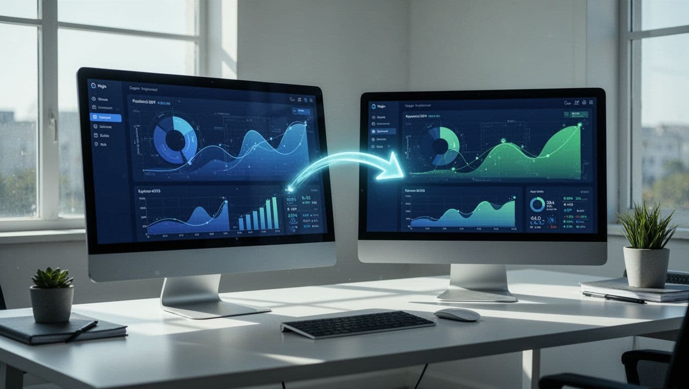 Two dashboards labeled SaaS Metrics and Baremetrics on a clean desk, linked by a data flow arrow.