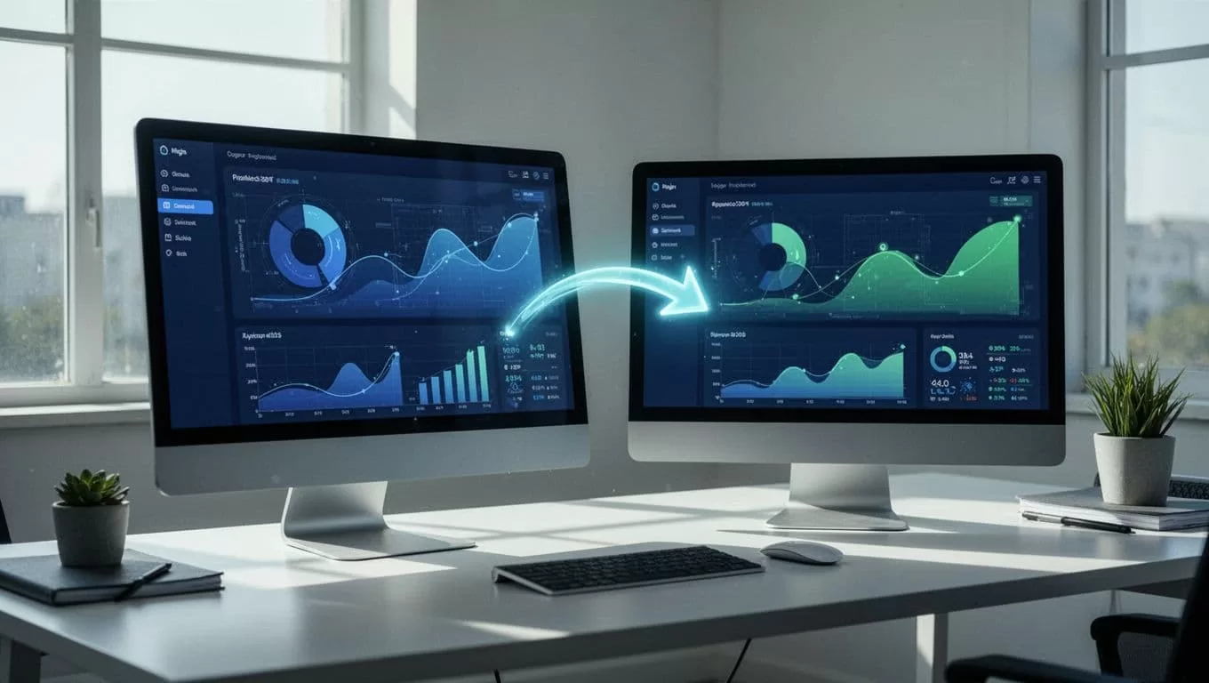 Two dashboards labeled SaaS Metrics and Baremetrics on a clean desk, linked by a data flow arrow.