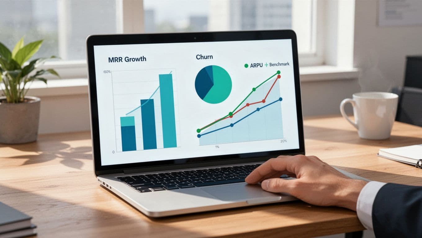 Laptop on wooden desk displays charts comparing MRR growth, churn, and ARPU to benchmarks.