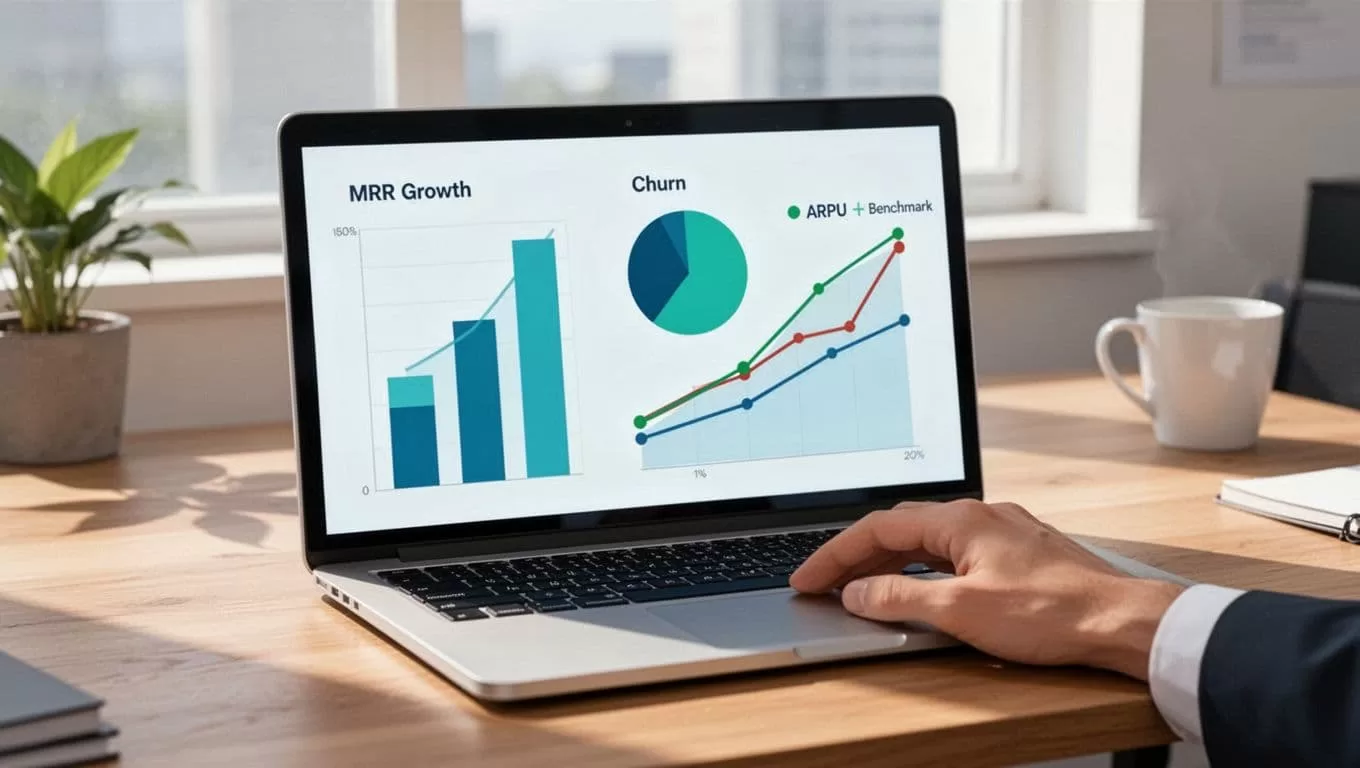 Laptop on wooden desk displays charts comparing MRR growth, churn, and ARPU to benchmarks.