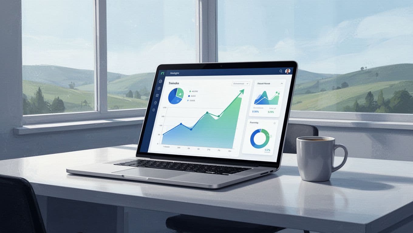 Laptop on office desk displays charts for MRR growth, ARR bar, churn line, and NRR trend beside coffee mug.