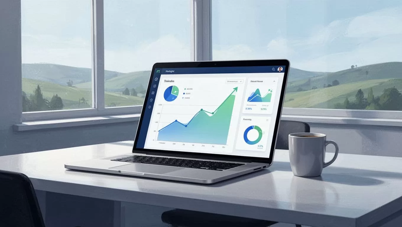Laptop on office desk displays charts for MRR growth, ARR bar, churn line, and NRR trend beside coffee mug.