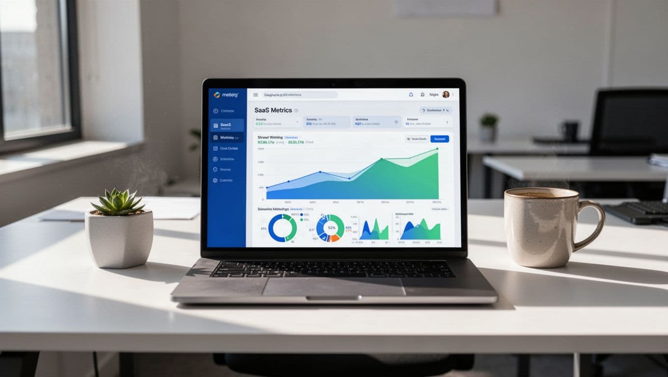 Laptop on office desk shows SaaS dashboard with MRR trend chart, churn rates, and LTV bars beside coffee mug.