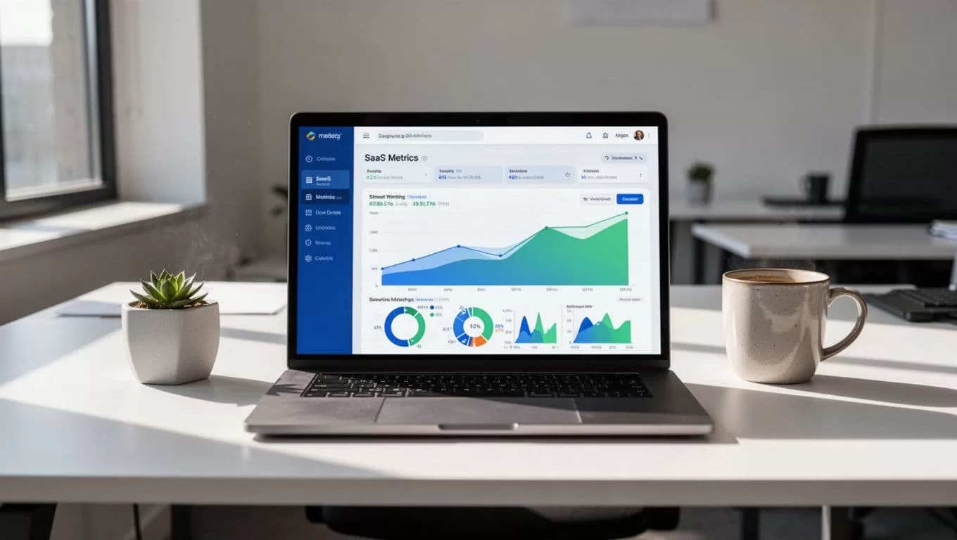 Laptop on office desk shows SaaS dashboard with MRR trend chart, churn rates, and LTV bars beside coffee mug.