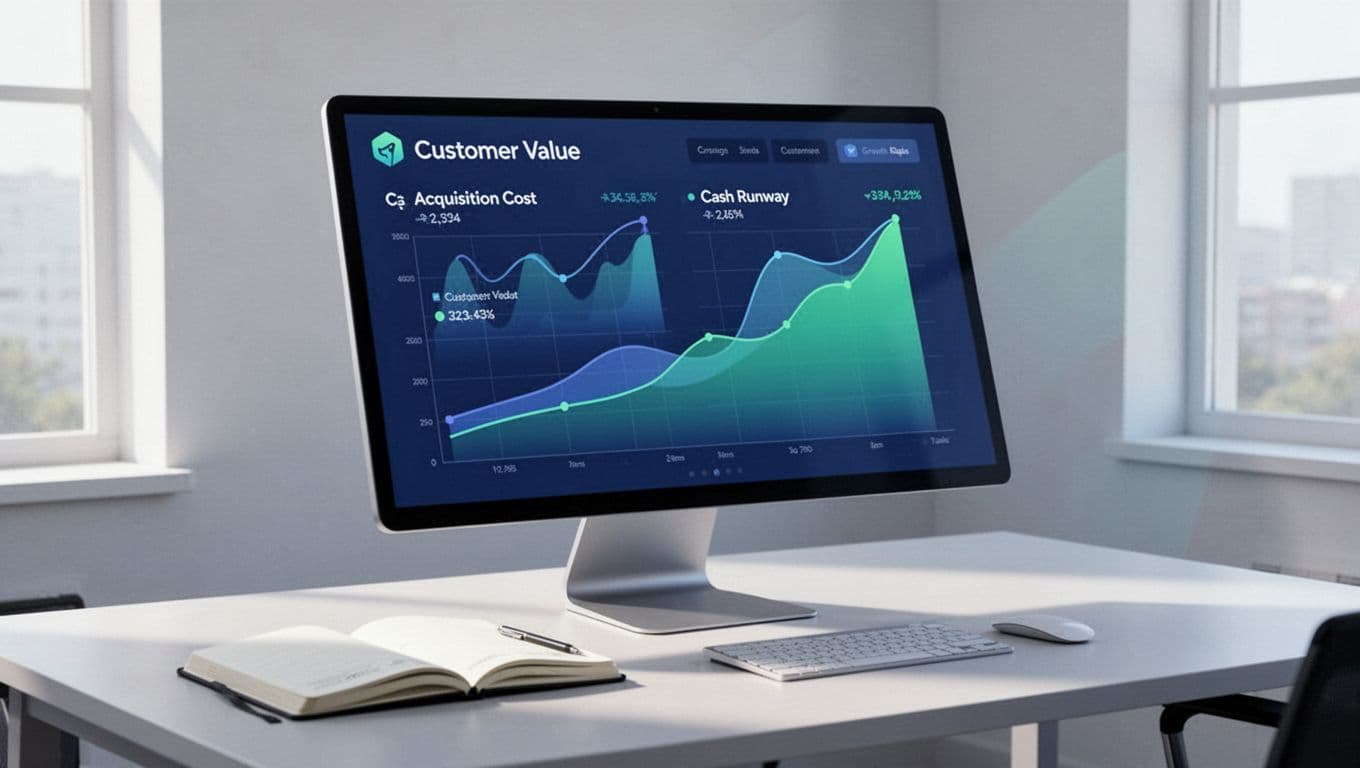 Office desk with notebook and angled monitor displaying abstract charts for LTV, CAC, runway forecast, and growth trends.