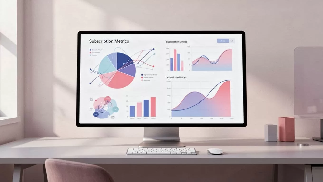 Digital screen on minimalist desk shows rising MRR line chart, churn pie chart, LTV bar graph, and cohort retention curve.