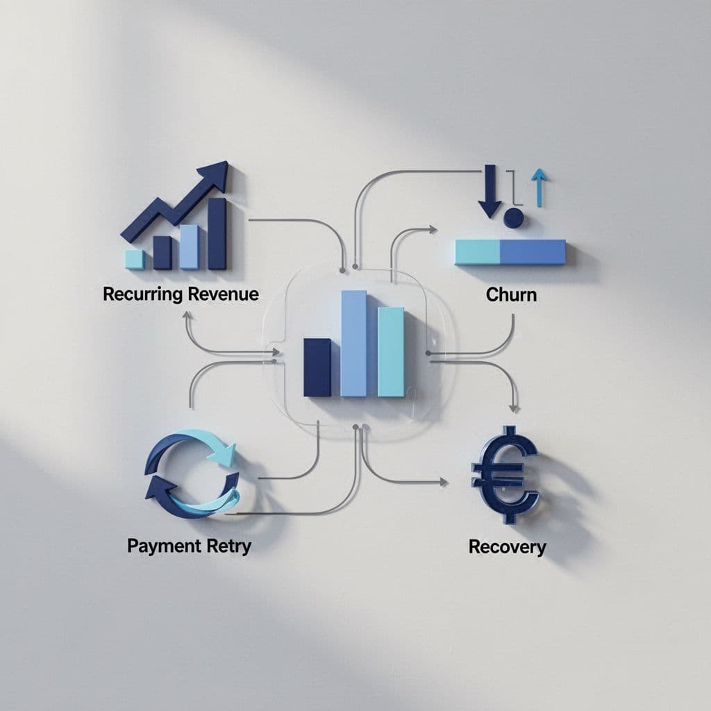 Balanced flow diagram of SaaS metrics icons: upward revenue arrow, downward churn bar, payment retry cycle, recovery dollar on light background.