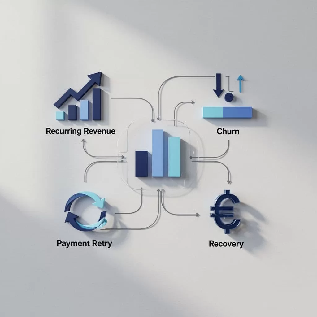 Balanced flow diagram of SaaS metrics icons: upward revenue arrow, downward churn bar, payment retry cycle, recovery dollar on light background.