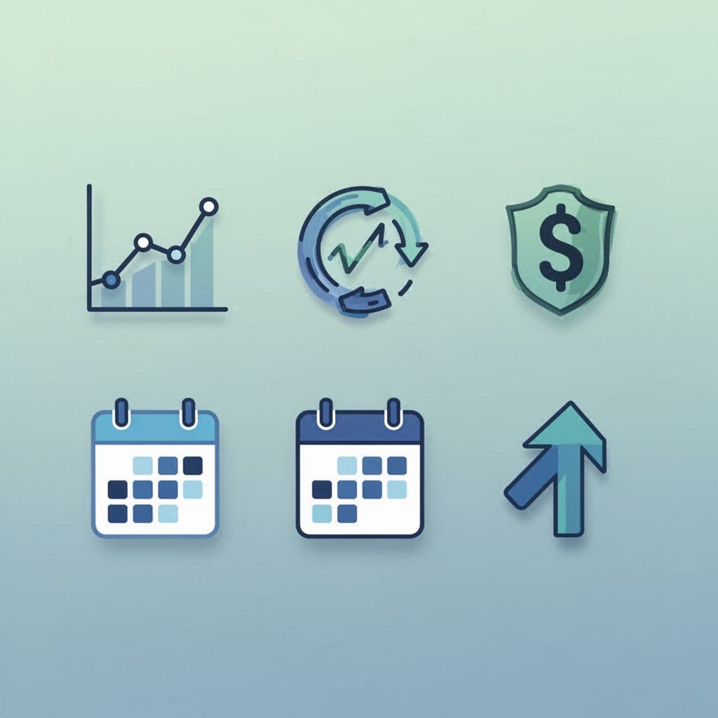 Five flat icons for revenue chart, user churn, ARPU dollar, cohorts calendar, and LTV arrow in blue-green grid on gradient background.