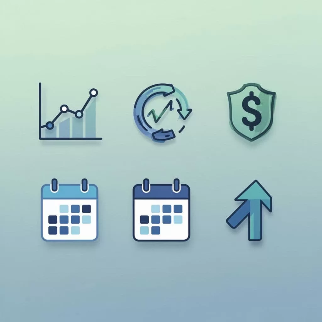 Five flat icons for revenue chart, user churn, ARPU dollar, cohorts calendar, and LTV arrow in blue-green grid on gradient background.