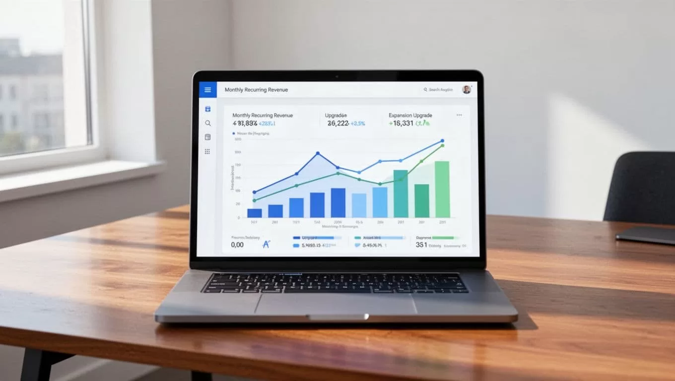 Laptop on wooden office desk shows analytics dashboard with charts for MRR expansion and upgrades in blue-green palette.