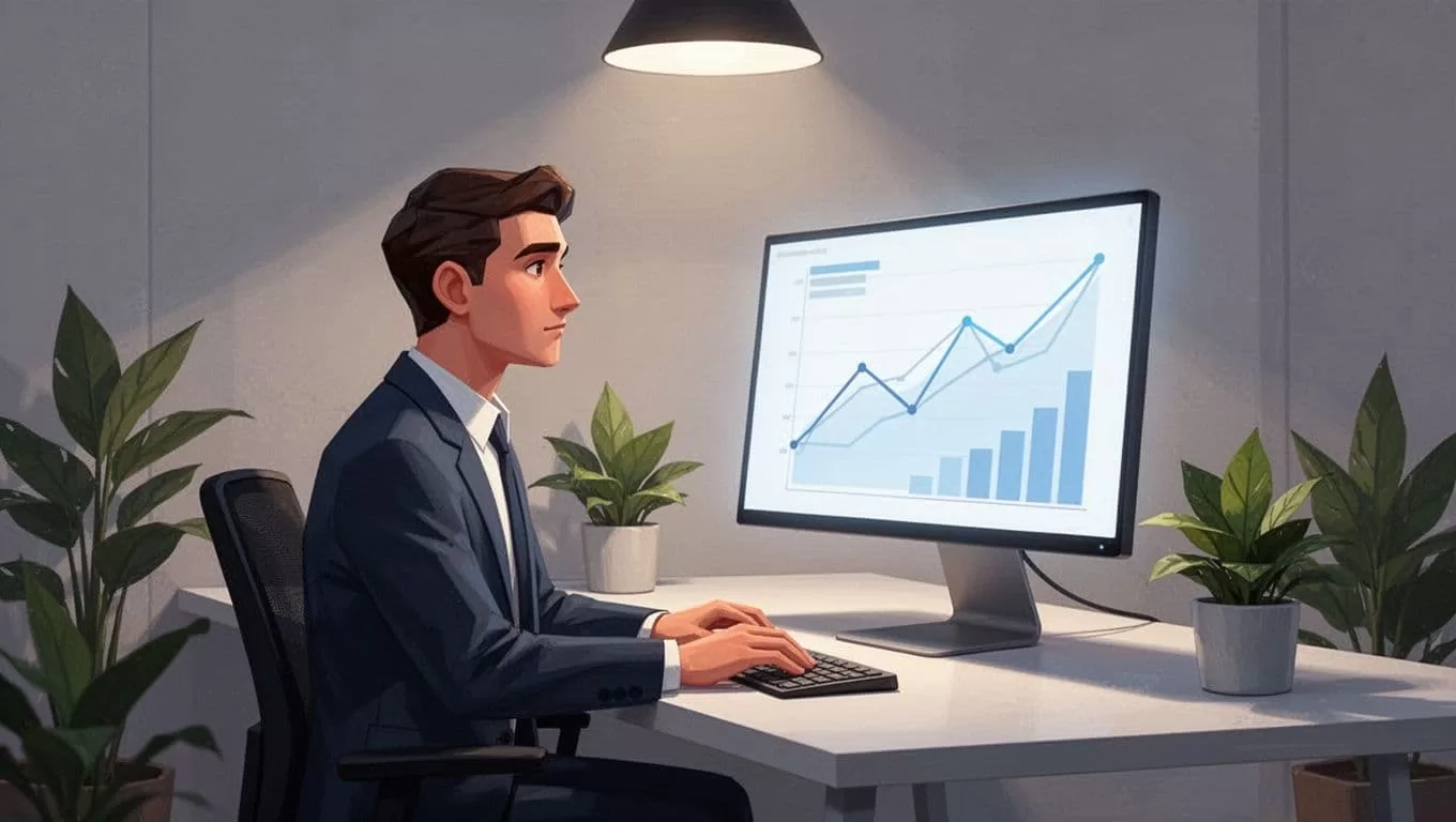 Person at desk in plant-filled office thoughtfully views glowing monitor with abstract revenue charts.